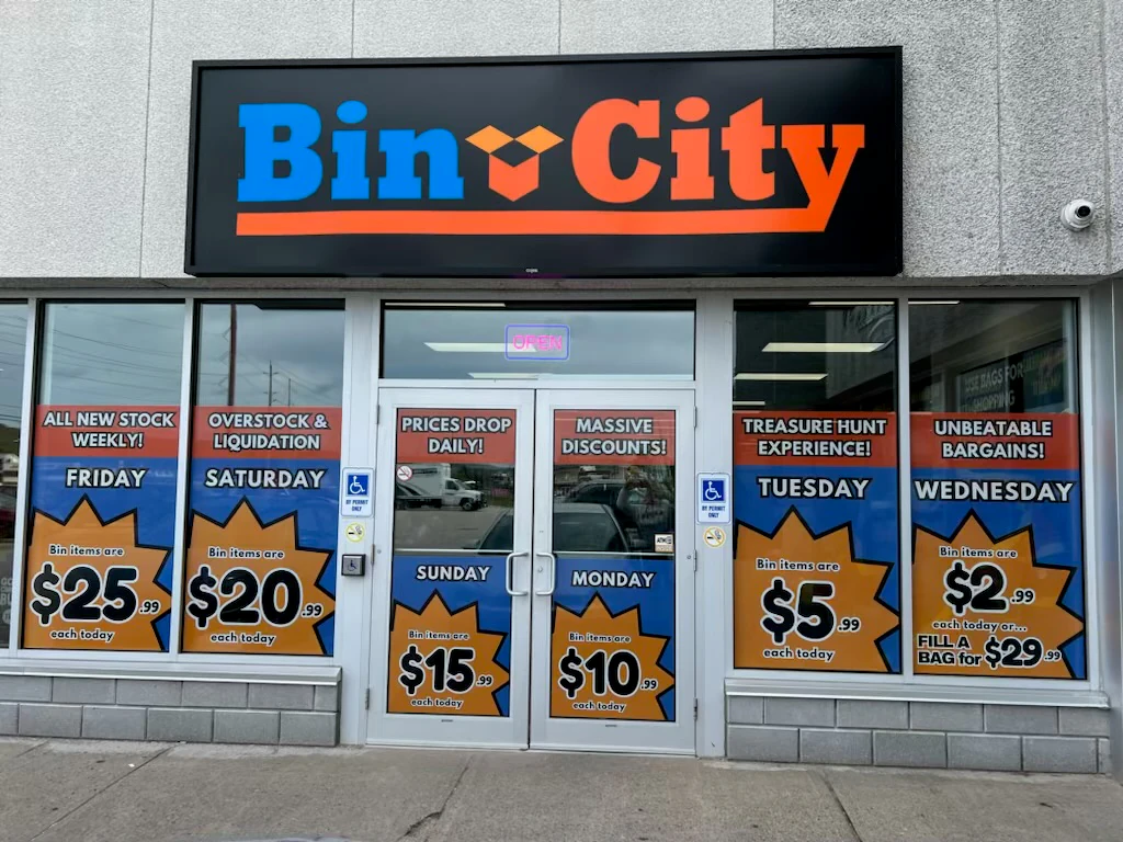 Bin City bin store in North Bay, Ontario — a Canadian liquidation store with daily price drops.