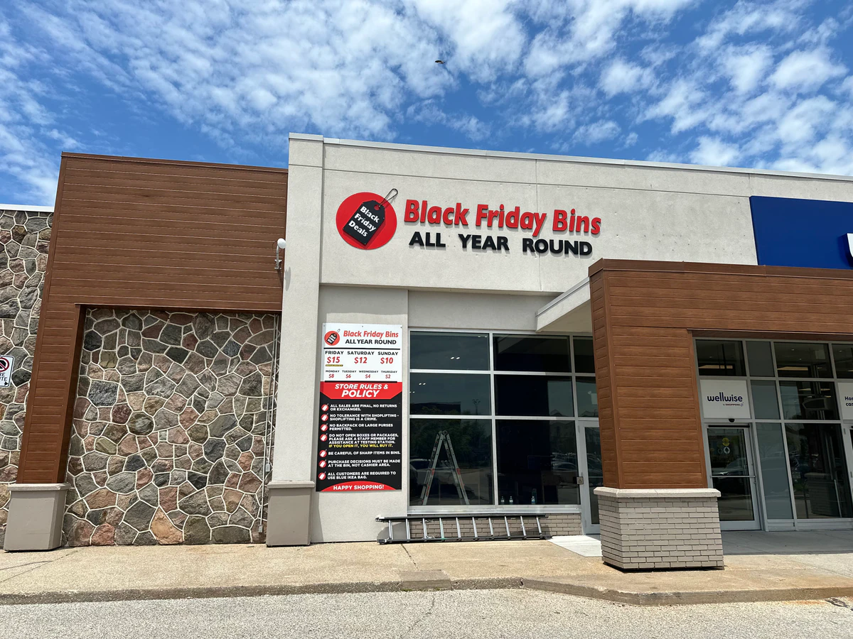 Black Friday Bins bin store in Windsor, Ontario — a Canadian liquidation store with daily price drops.