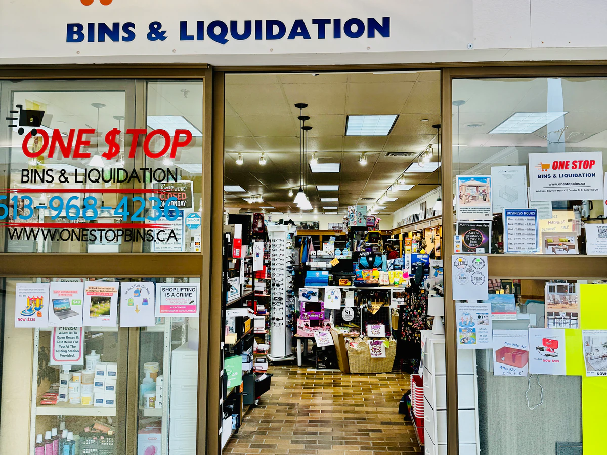 One Stop Bins & Liquidation bin store in Belleville, Ontario — a Canadian liquidation store with daily price drops.