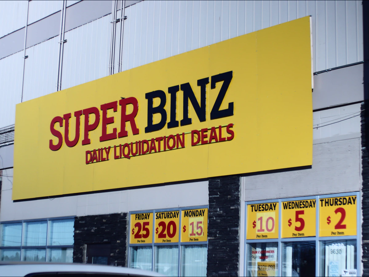 Super Binz Liquidation bin store in Calgary, Alberta — a Canadian liquidation store with daily price drops.