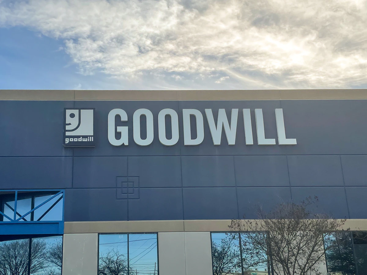 Goodwill Central Texas - Outlet South in Austin, Texas, showing the donation entrance and bulk pricing signage.