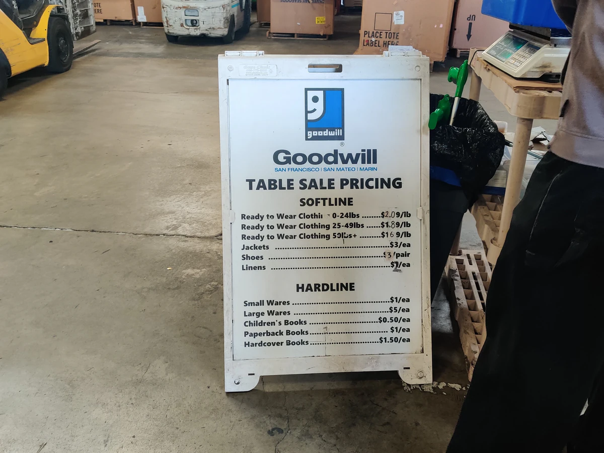 Goodwill Clearance Center in South San Francisco, California, showing neatly organized clothing racks and household goods.