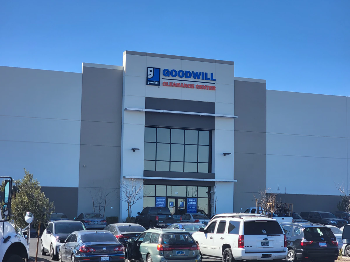 Goodwill Clearance Center in Las Vegas, Nevada, showing neatly organized clothing racks and household goods.