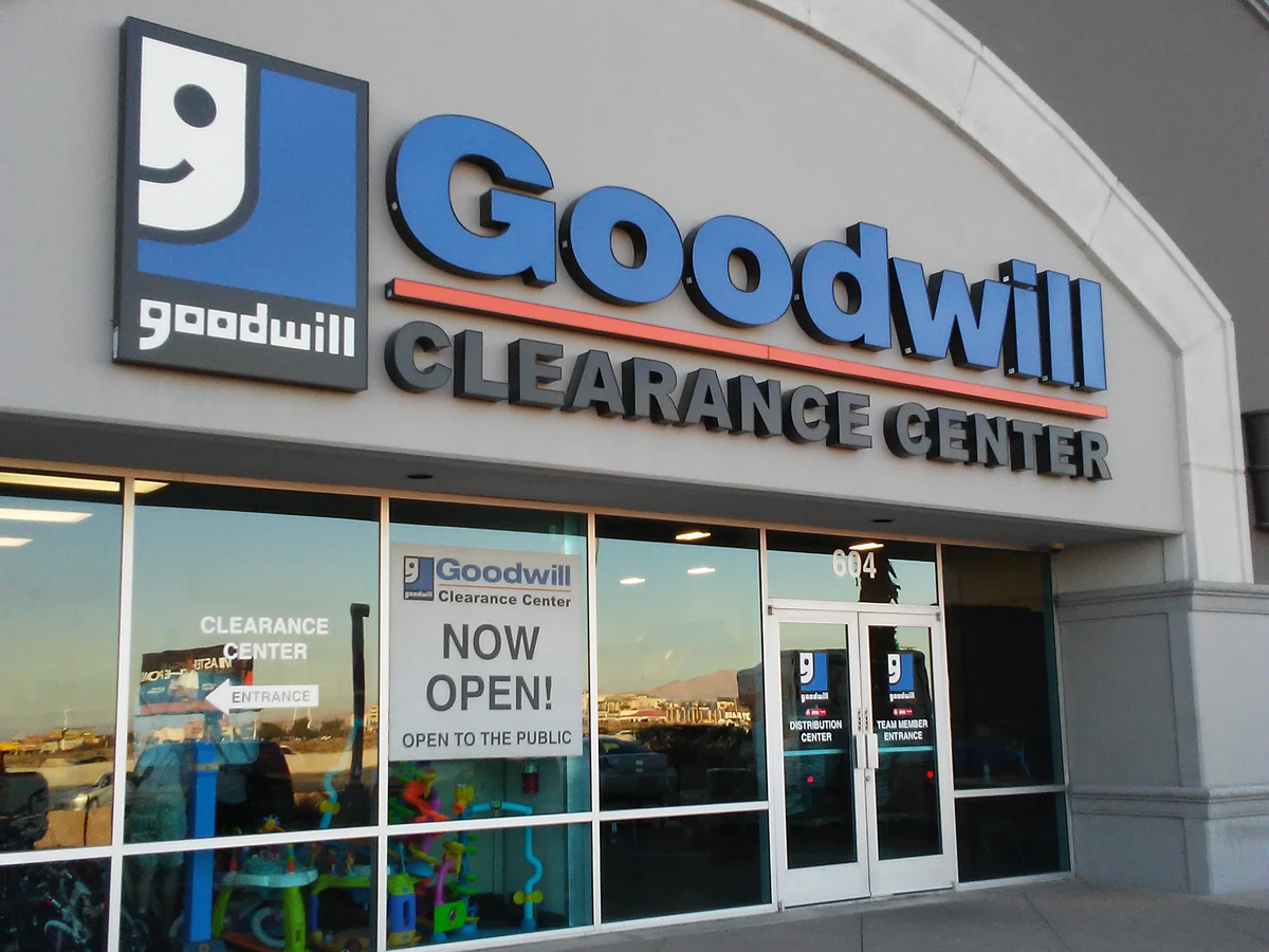 Goodwill Clearance Center in Las Vegas, Nevada, showing rows of affordable footwear and accessories for sale.
