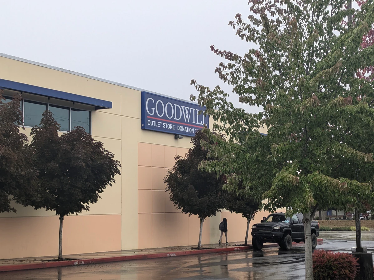 Goodwill Industries Outlet of the Columbia Willamette, a Goodwill outlet store showing blue rolling bins filled with discoun.