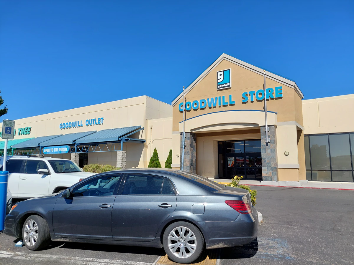Goodwill Industries Sacramento Valley & Northern Nevada, a Goodwill outlet store showing blue rolling bins filled with disco.