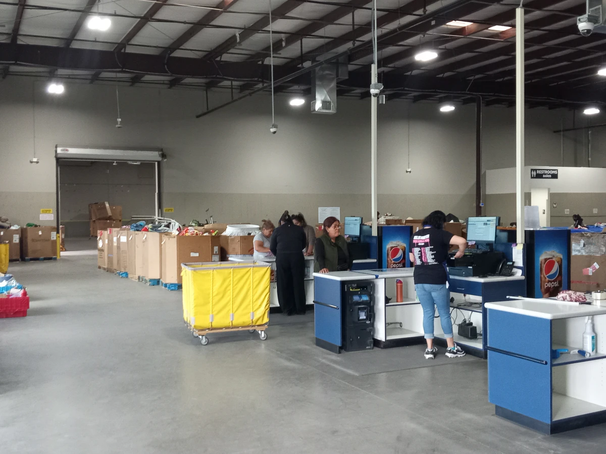 Goodwill Laredo Outlet in Laredo, Texas, a Goodwill outlet store displaying a large open layout with rows of donation bins.