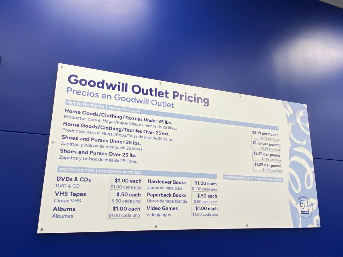 Goodwill Madison Outlet Store in Madison, Wisconsin, showing the donation entrance and bulk pricing signage.