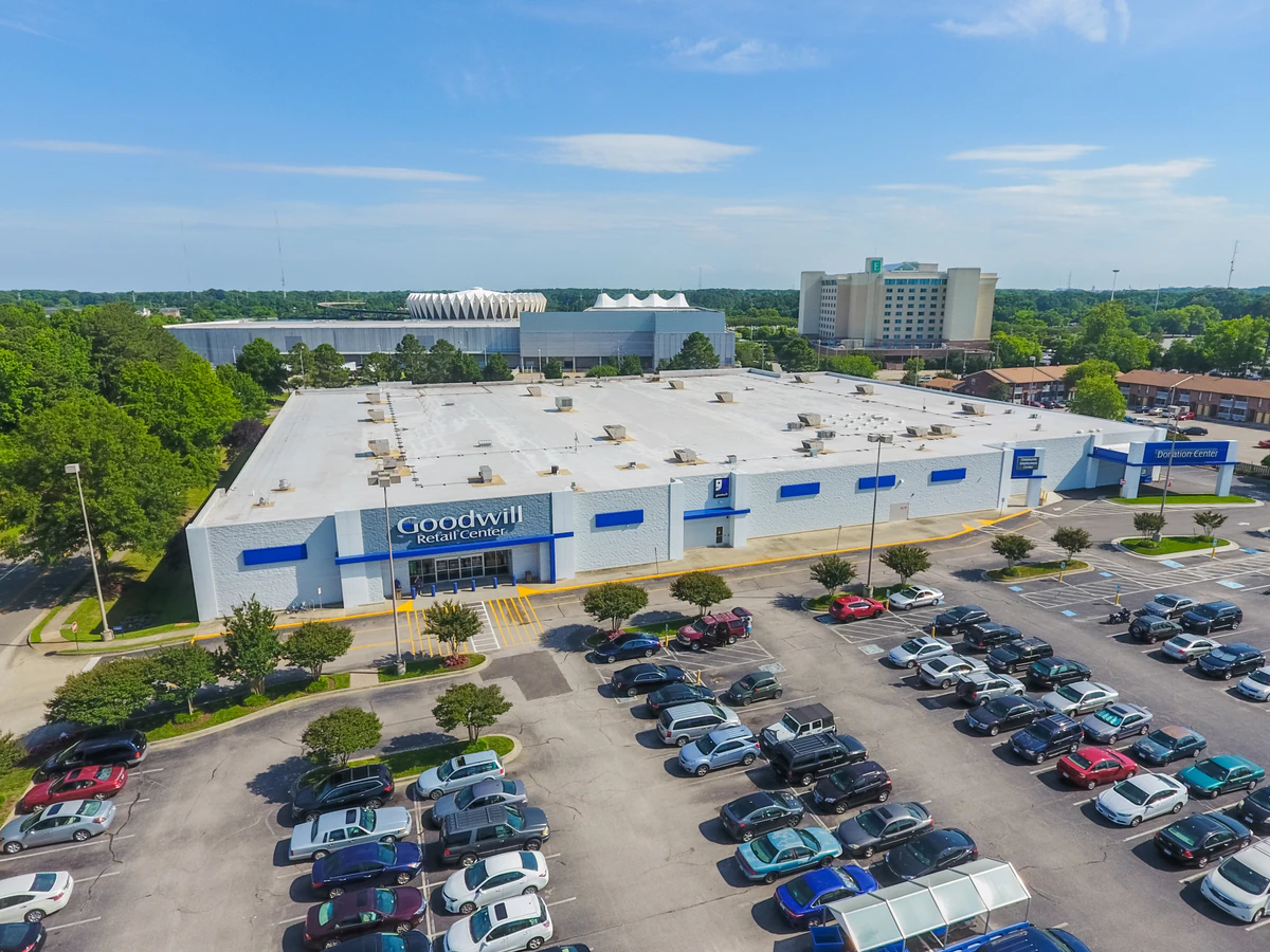 Goodwill of Central and Coastal Virginia in Hampton, Virginia, showing rows of affordable footwear and accessories for sale.