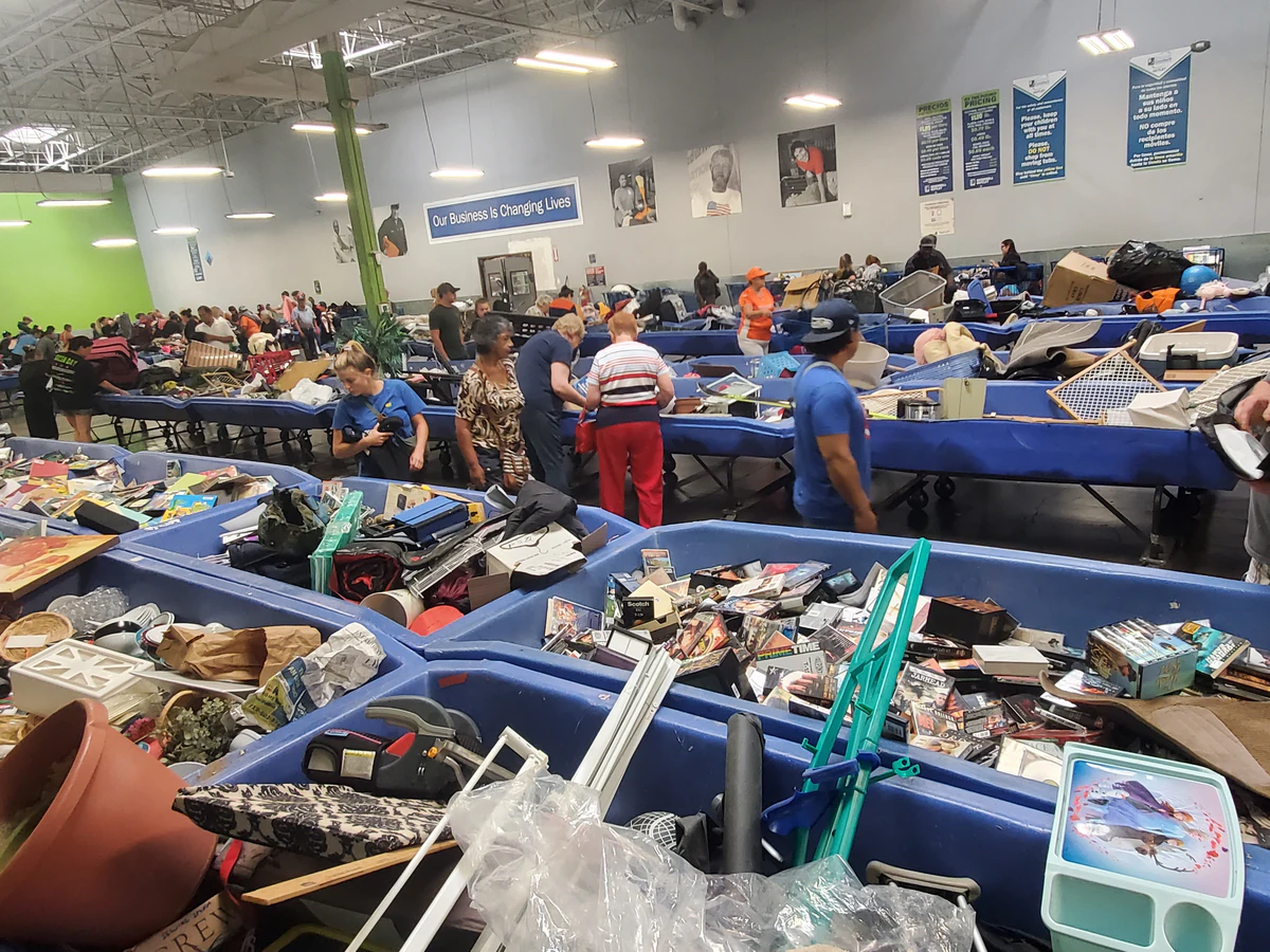 Goodwill Outlet and Donation Center in Colorado Springs, Colorado, displaying a large open layout with rows of donation bins.