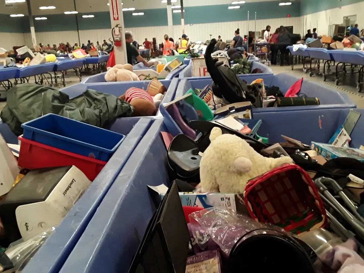 Goodwill Outlet and Donation Station in Windcrest, Texas, displaying a large open layout with rows of donation bins.