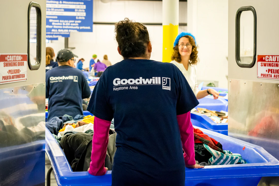 Goodwill Outlet Center & Donation Center in Reading, Pennsylvania, showing the donation entrance and bulk pricing signage.
