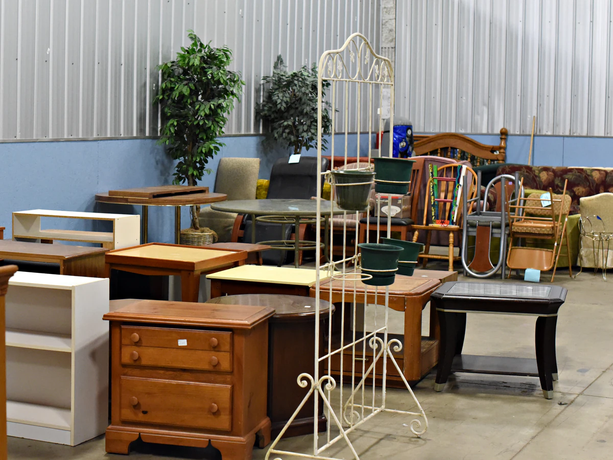 Goodwill Outlet Center in Grandville, Michigan, displaying a large open layout with rows of donation bins.