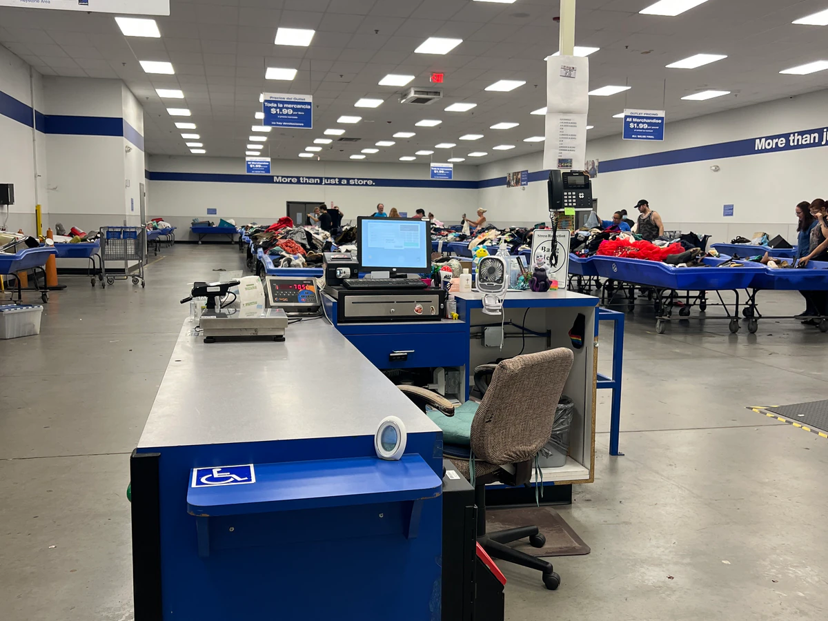 Goodwill Outlet Center in Middletown, Pennsylvania, showing the donation entrance and bulk pricing signage.