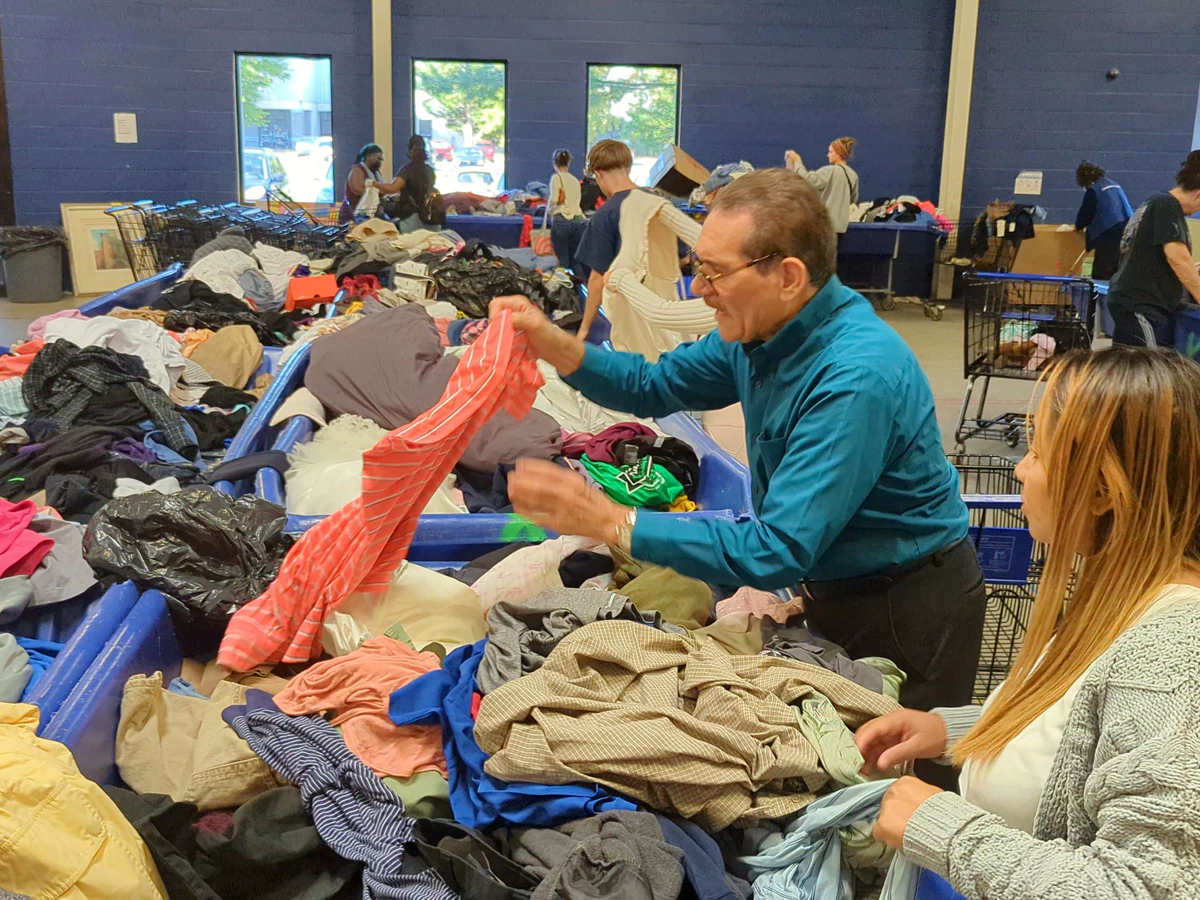 Goodwill Outlet in New Castle, Delaware, a Goodwill outlet store displaying a large open layout with rows of donation bins.