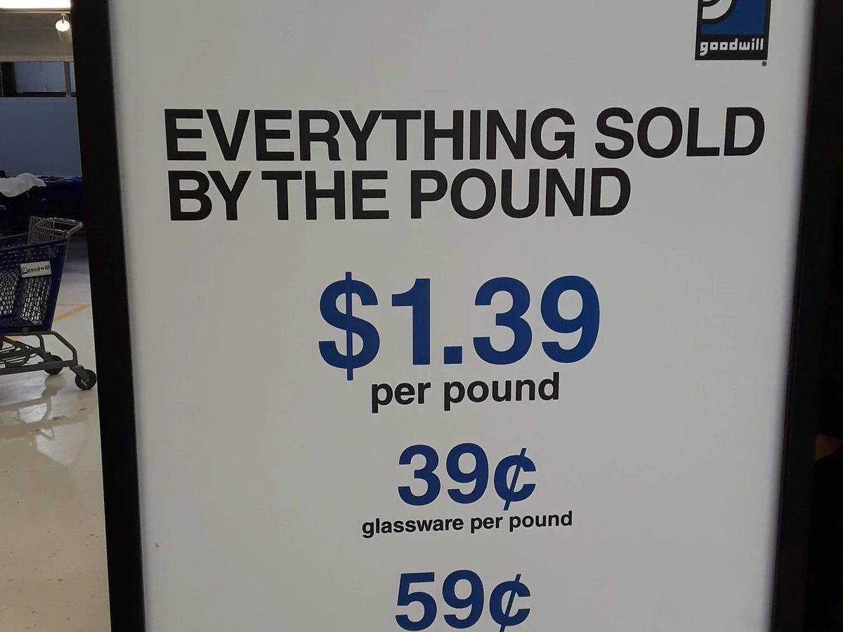 Goodwill Outlet in Savannah, Georgia, a Goodwill outlet store showing the donation entrance and bulk pricing signage.