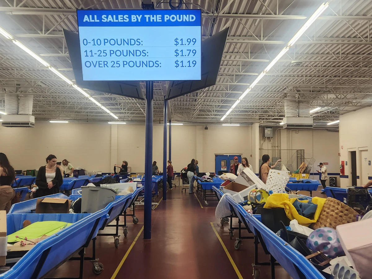 Goodwill Outlet in Tulsa, Oklahoma, a Goodwill outlet store showing blue rolling bins filled with discounted merchandise.