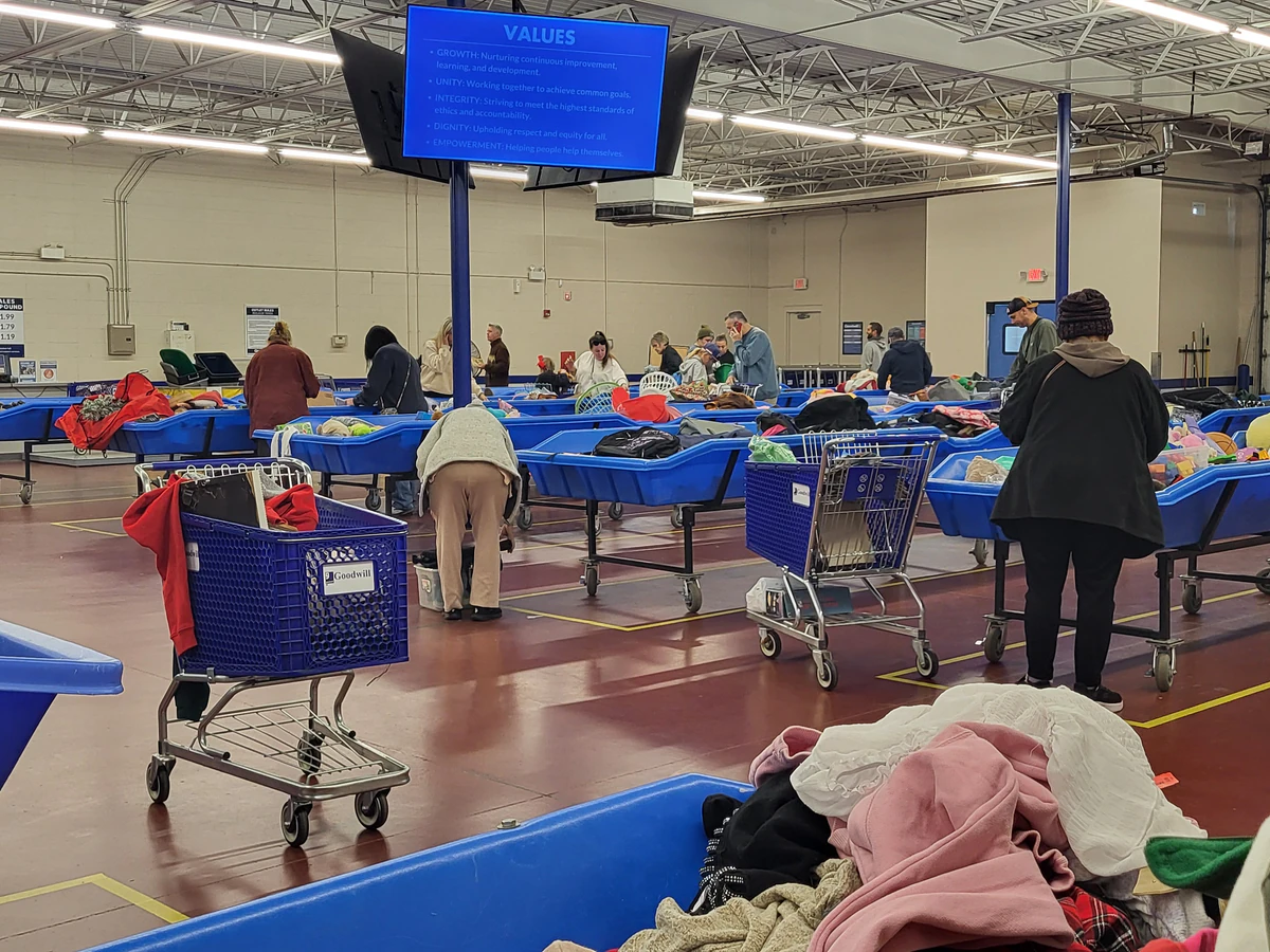 Goodwill Outlet in Tulsa, Oklahoma, a Goodwill outlet store displaying a large open layout with rows of donation bins.