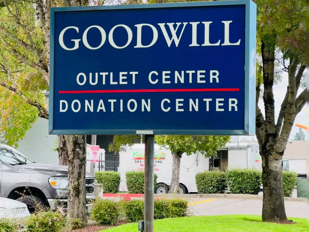Goodwill Outlet Salem in Salem, Oregon, a Goodwill outlet store showing the donation entrance and bulk pricing signage.