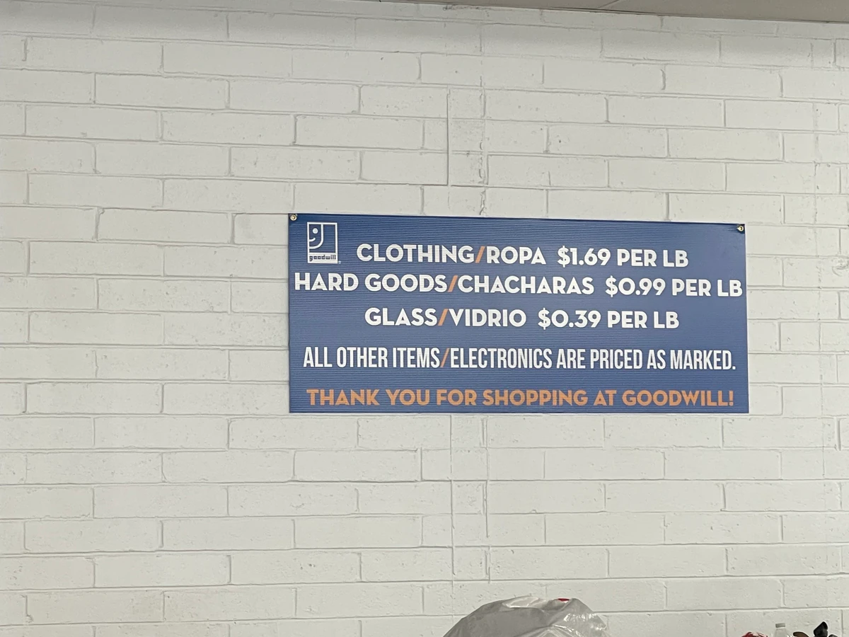 Goodwill Outlet Store and Donation Center in Nogales, Arizona, showing the donation entrance and bulk pricing signage.