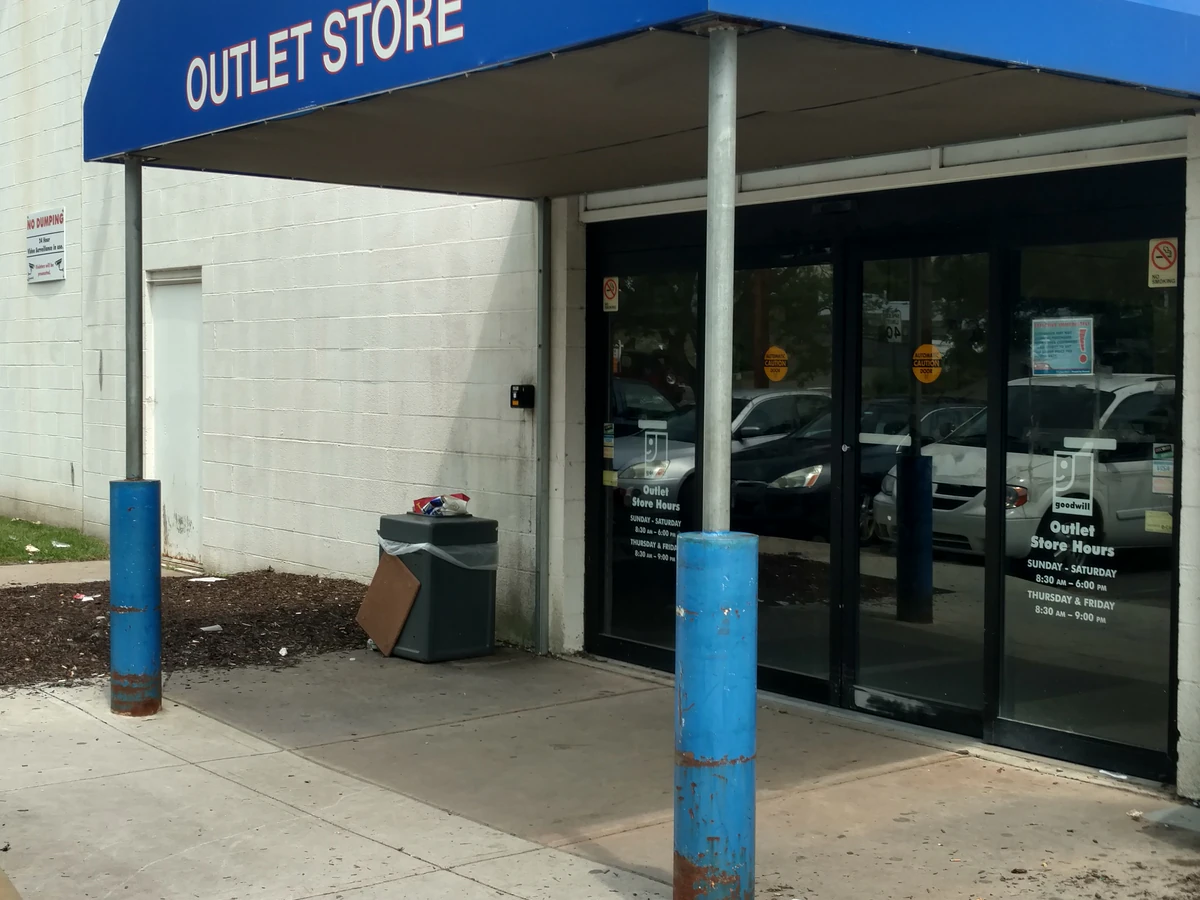 Goodwill Outlet Store in Hamden, Connecticut, a Goodwill outlet store showing the donation entrance and bulk pricing signage.
