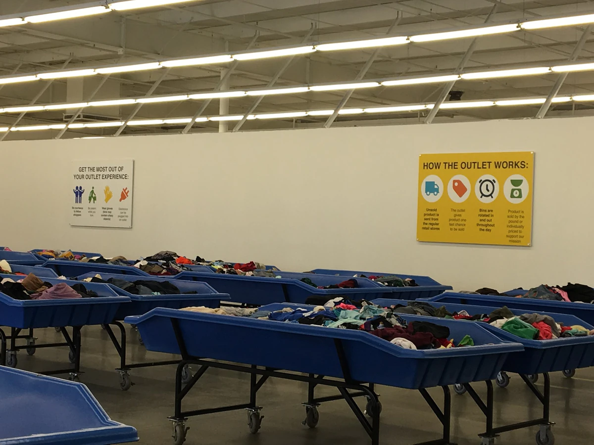 Goodwill Outlet Store in Columbus, Georgia, a Goodwill outlet store showing the donation entrance and bulk pricing signage.