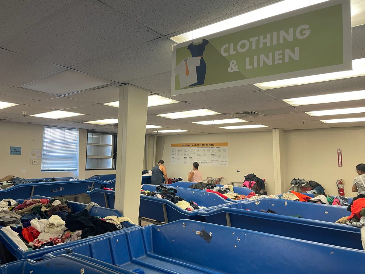 Goodwill Outlet Store in Honolulu, Hawaii, a Goodwill outlet store displaying a large open layout with rows of donation bins.
