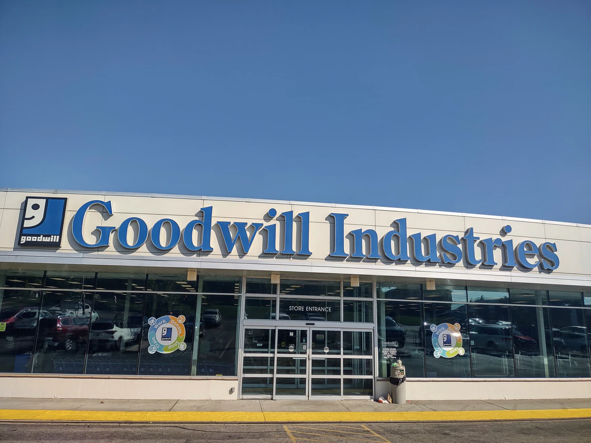 Goodwill Outlet Store in Cincinnati, Ohio, a Goodwill outlet store showing the donation entrance and bulk pricing signage.