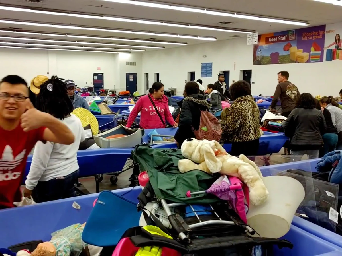 Goodwill Outlet Store in Dallas, Texas, a Goodwill outlet store displaying a large open layout with rows of donation bins.