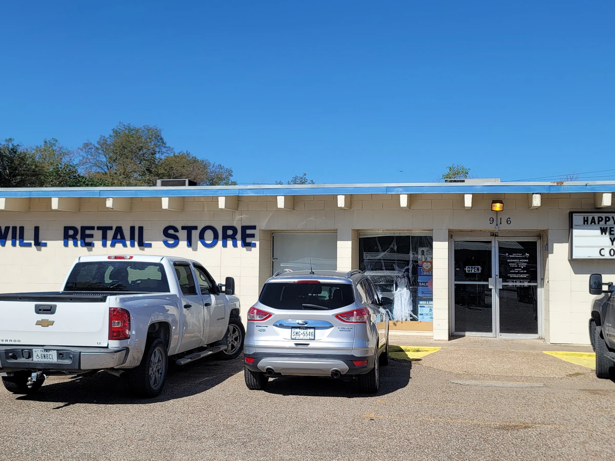 Goodwill Outlet Waco in Waco, Texas, a Goodwill outlet store showing blue rolling bins filled with discounted merchandise.
