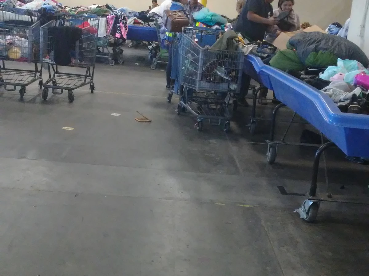 Goodwill Wholesale Outlet in Oxnard, California, featuring shoppers searching through bulk textile containers.