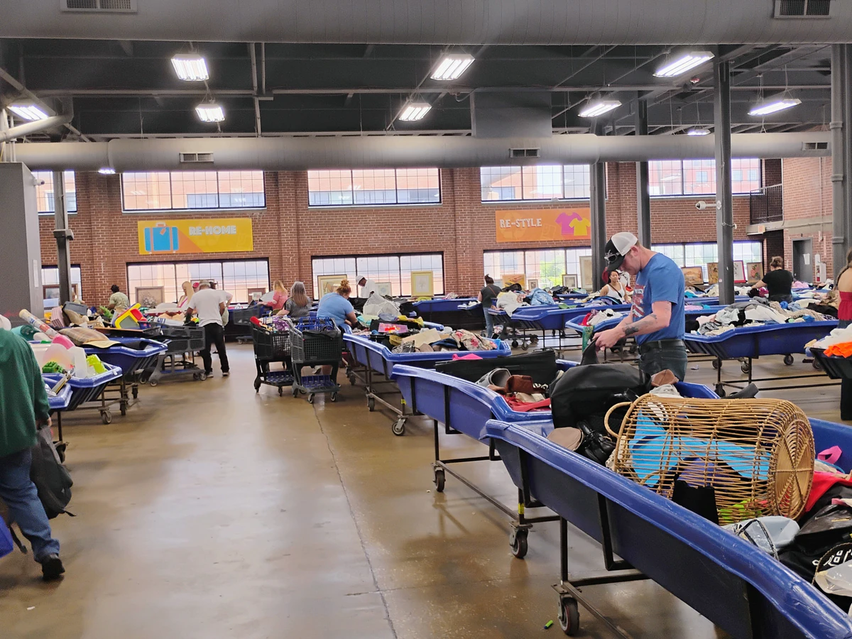 MERS Goodwill Outlet in Bridgeton, Missouri, displaying a large open layout with rows of donation bins.