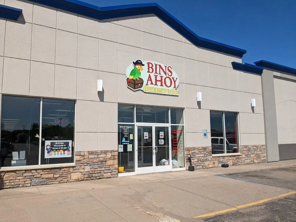 Bins Ahoy Overstock interior merchandise display - discount store in sault ste marie, michigan.