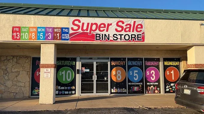 Super Sale Bin Store interior merchandise display - discount store in wichita, kansas.