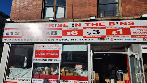 Surprise in the Bins interior merchandise display - discount store in washington heights, new york.